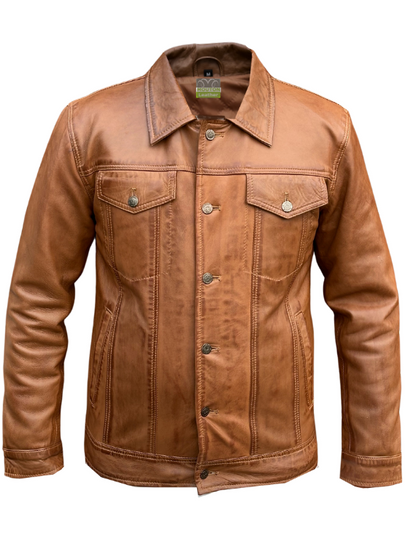 Men Trucker Style Camel Brown Leather Jacket
