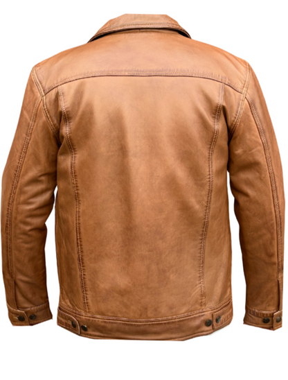 Men Trucker Style Camel Brown Leather Jacket