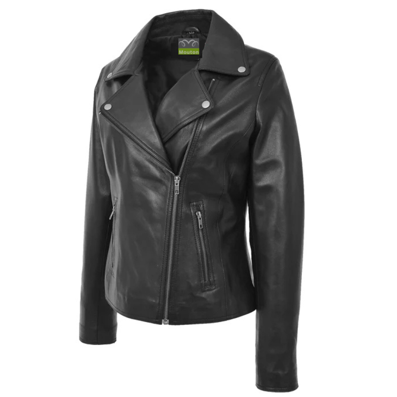 Women Morgana Belted Biker Leather Jacket