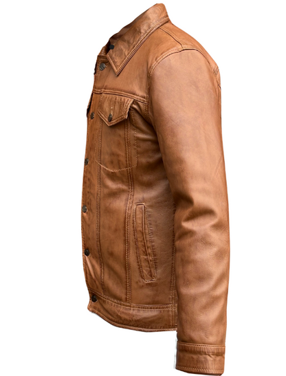 Men Trucker Style Camel Brown Leather Jacket
