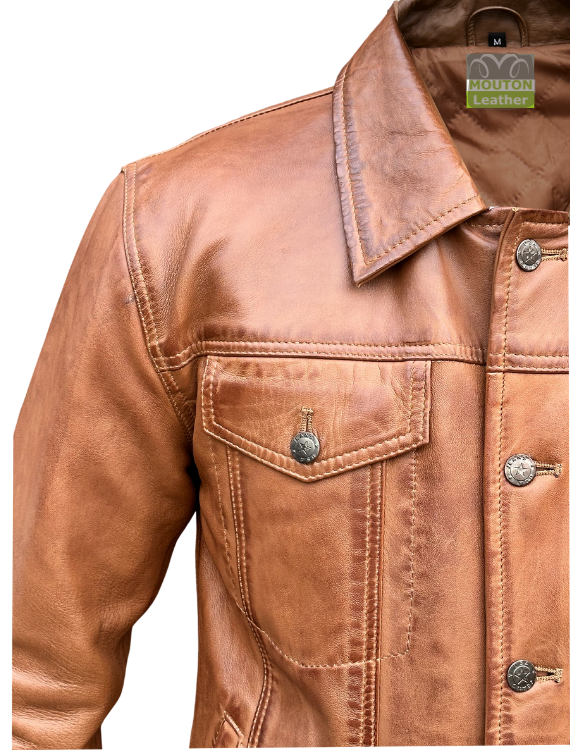 Men Trucker Style Camel Brown Leather Jacket