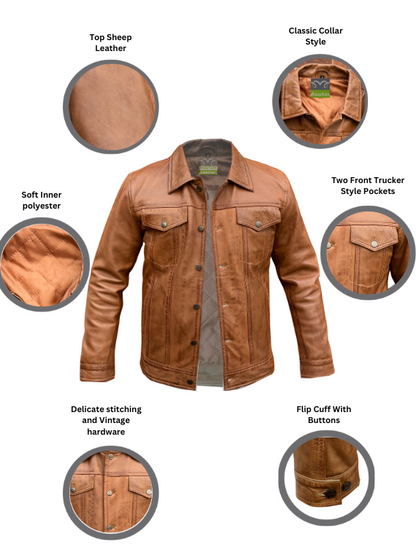 Men Trucker Style Camel Brown Leather Jacket